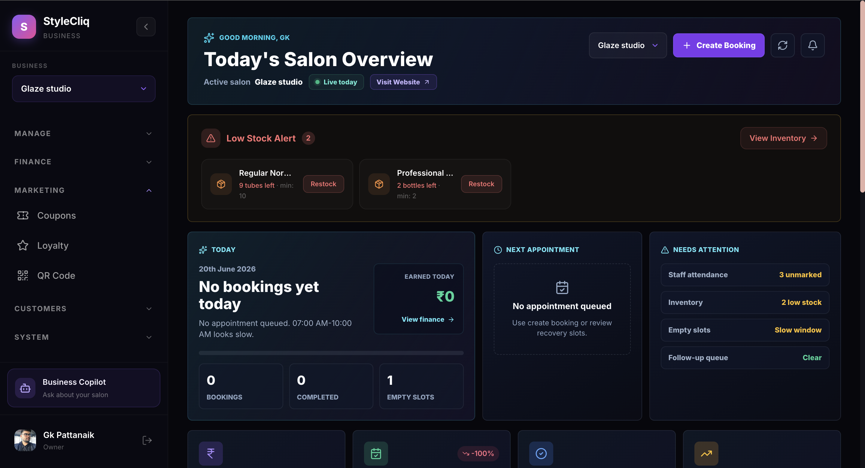 StyleCliq owner dashboard showing salon business performance